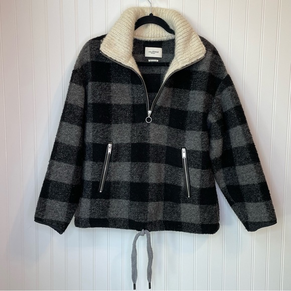 Isabel Marant Sweaters - Isabel Marant Gilas Black Grey Plaid Zip Pullover 34 Wool Coat Buffalo Check